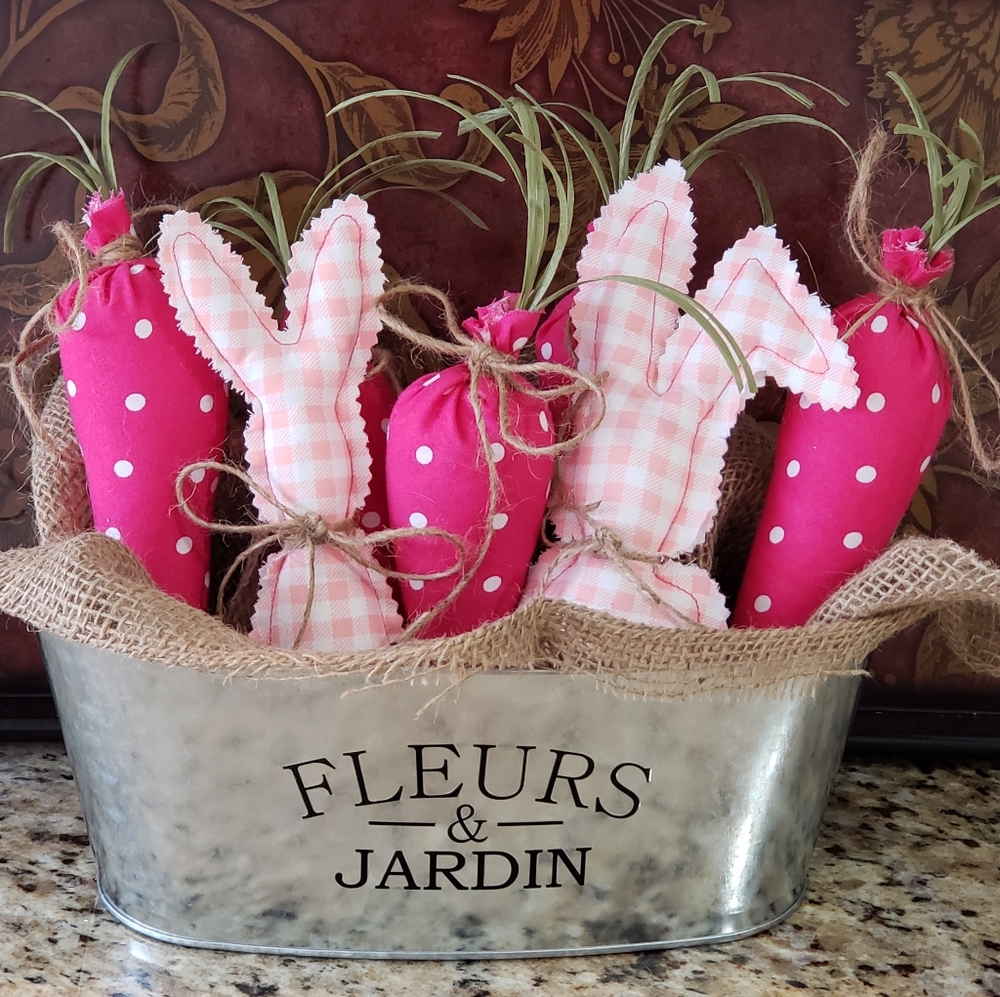 Pink Easter Bunnies Carrots French Farmhouse Table Centerpiece Decor